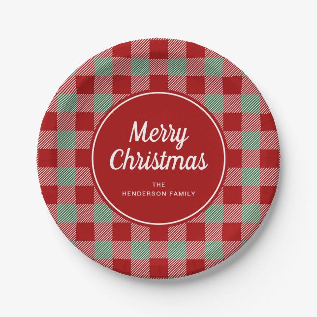 Rustic Red Checked Buffalo Plaid Merry Christmas Paper Plate (Front)