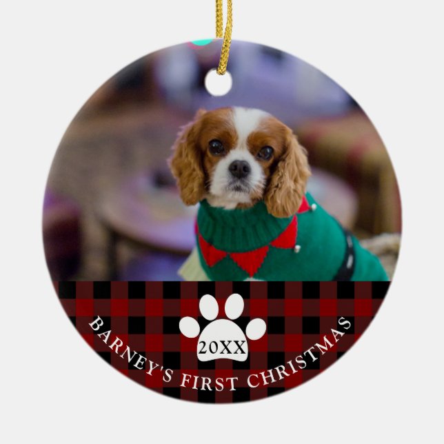Rustic Red checked Dog's First Christmas Photo Ceramic Tree Decoration (Front)