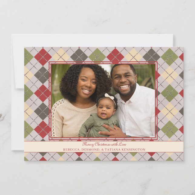 Rustic Red Christmas Argyle Tinsel Holiday Photo (Front)