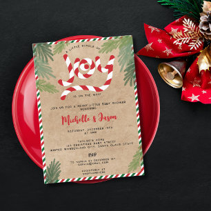 Rustic Red Christmas Candy Cane Joy Baby Shower Invitation