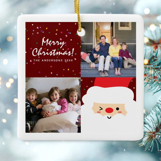 Rustic Red Christmas Confetti & Santa Family Photo Ceramic Ornament (Creator Uploaded)