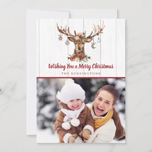 Rustic Red Christmas Deer Ornaments Holiday Photo (Front)