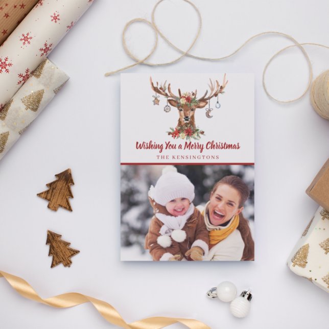Rustic Red Christmas Deer Ornaments Holiday Photo (Creator Uploaded)