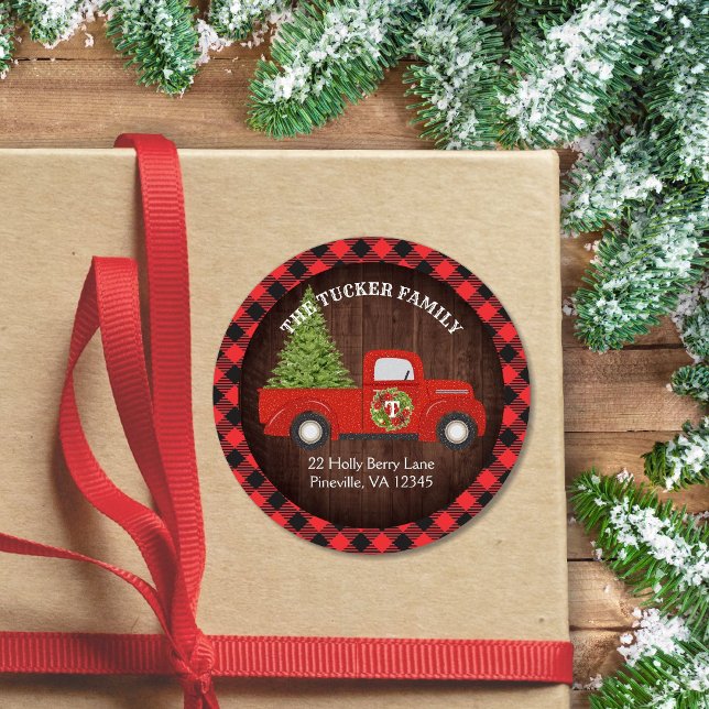 Rustic Red Christmas Truck Plaid Address Label (Creator Uploaded)