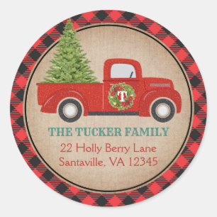 Rustic Red Christmas Truck Plaid Address Label