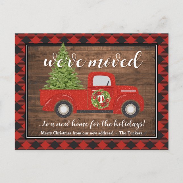 Rustic Red Christmas Truck Plaid Wood We've Moved  Postcard (Front)