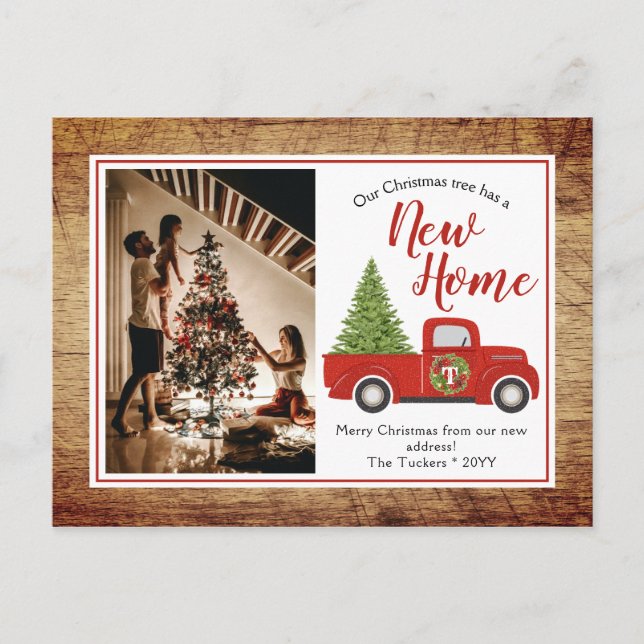 Rustic Red Christmas Truck Tree New Address Moving Postcard (Front)