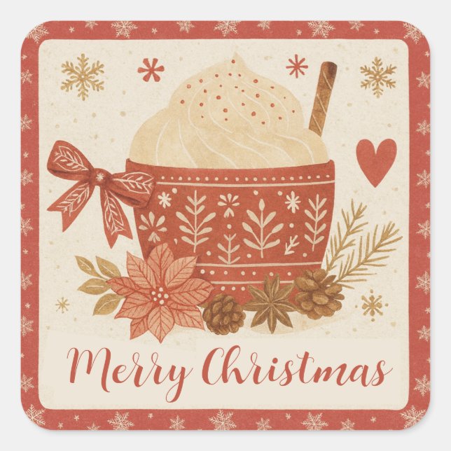 Rustic Red Cozy Scandinavian Merry Christmas Square Sticker (Front)