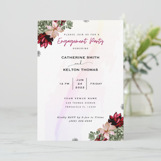 Rustic Red Elegant Floral Engagement Party Invitation (Standing Front)