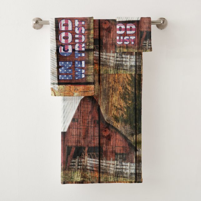 Rustic Red faded Barn With Latch In God We Trust Bath Towel Set (Insitu)