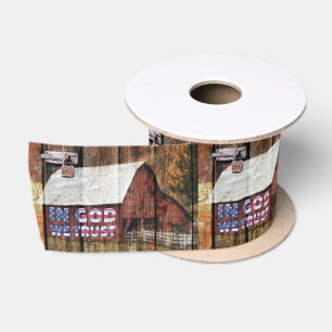 Rustic Red faded Barn With Latch In God We Trust Satin Ribbon