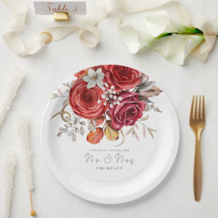Rustic Red Fall Florals Congrats Mr Mrs Wedding  Paper Plate