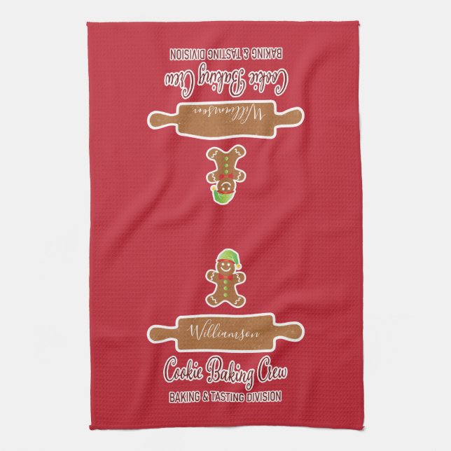 Rustic Red Family Name Holiday Baking Monogrammed Tea Towel (Vertical)