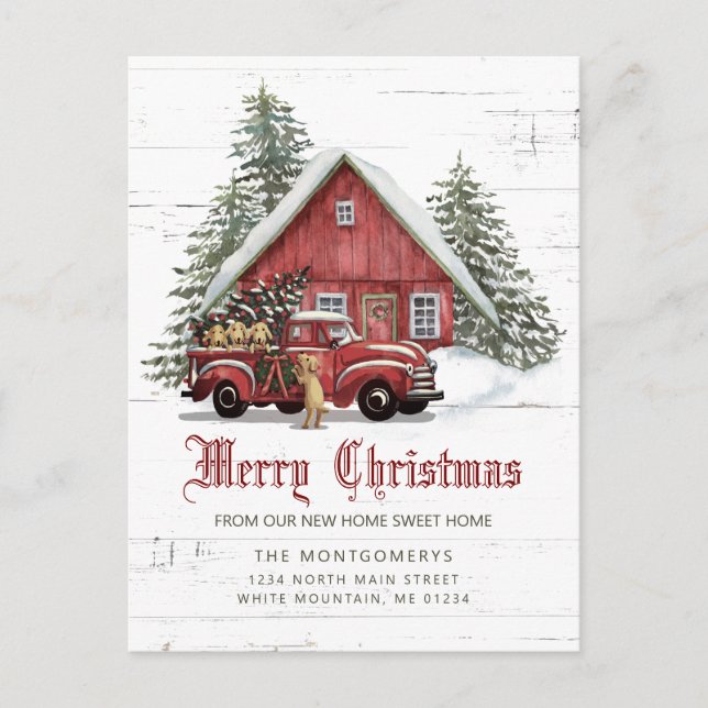 Rustic Red Farmhouse Snowman Christmas Moving Anno Announcement Postcard (Front)