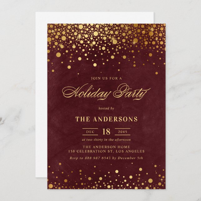 Rustic Red Faux Gold Foil Confetti Holiday Party Invitation (Front/Back)