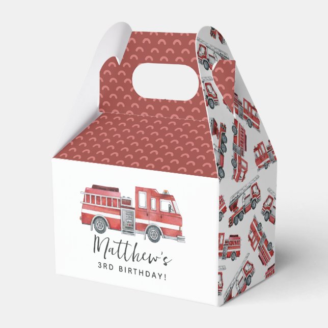 Rustic Red Firetruck Birthday Party Favour Box (Front Side)