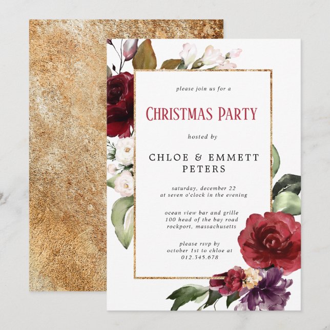 Rustic Red Floral Gold Christmas Party Invitation (Front/Back)