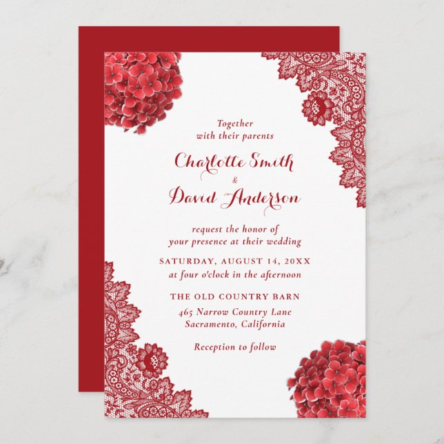 Rustic Red Floral Lace Wedding Invitation (Front/Back)