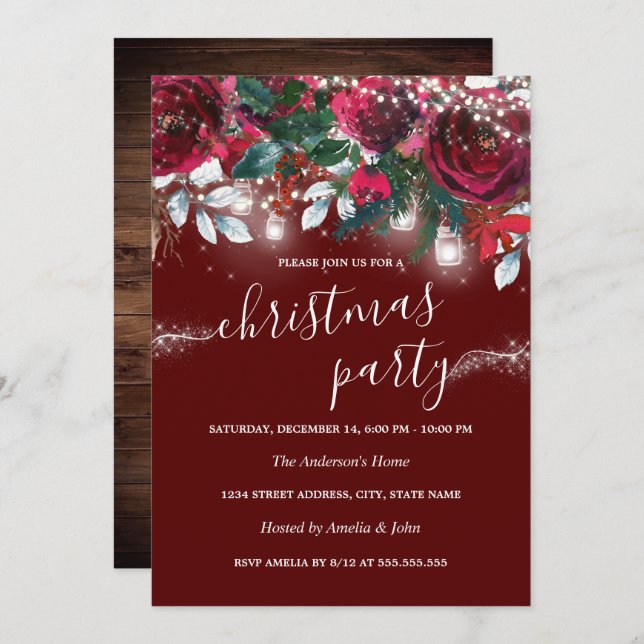 Rustic Red Floral Sparkle Lights Christmas Party   Invitation (Front/Back)