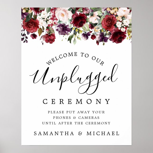 Rustic Red Floral Unplugged Wedding Ceremony Sign (Front)