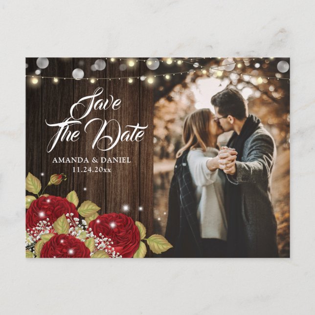 Rustic Red Floral Wedding Photo Save The Date Announcement Postcard (Front)