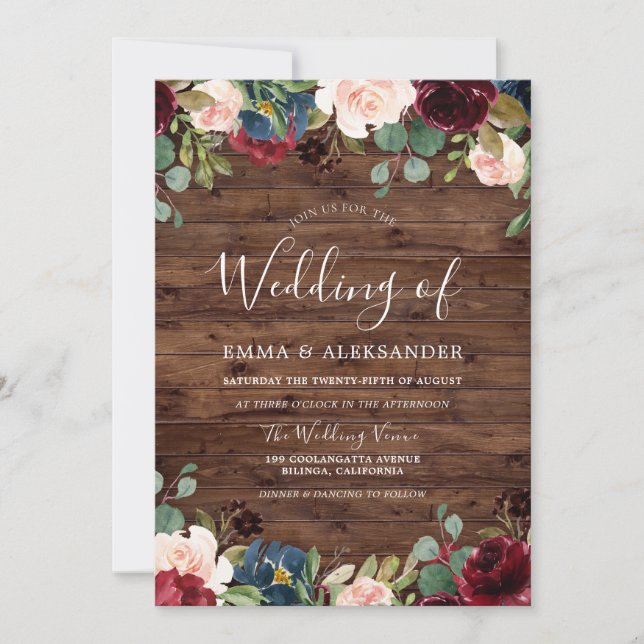 Rustic Red Floral Wood Burgundy Wedding Invite (Front)