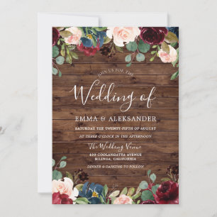 Rustic Red Floral Wood Burgundy Wedding Invite