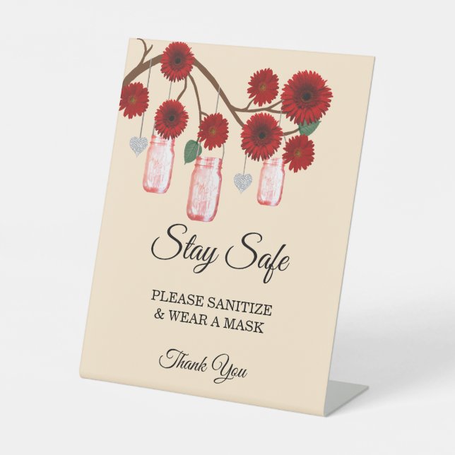 Rustic Red Flowers Mason Jar Wedding Safety Pedestal Sign (Front)