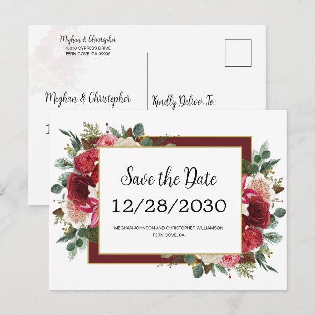 Rustic Red Flowers Winter Wedding Save the Date Announcement Postcard (Front/Back)