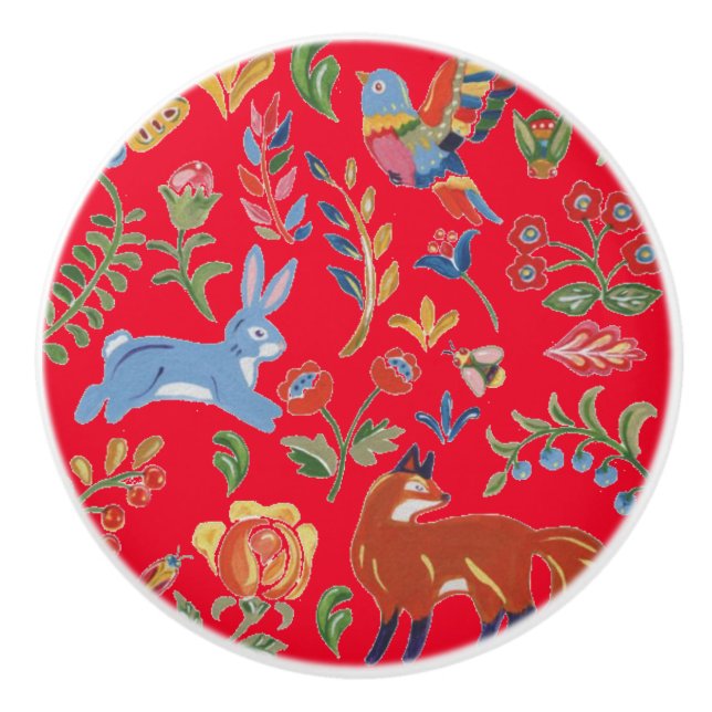 Rustic Red Folk Art Animals Flowers Cute Colourful Ceramic Knob (Front)