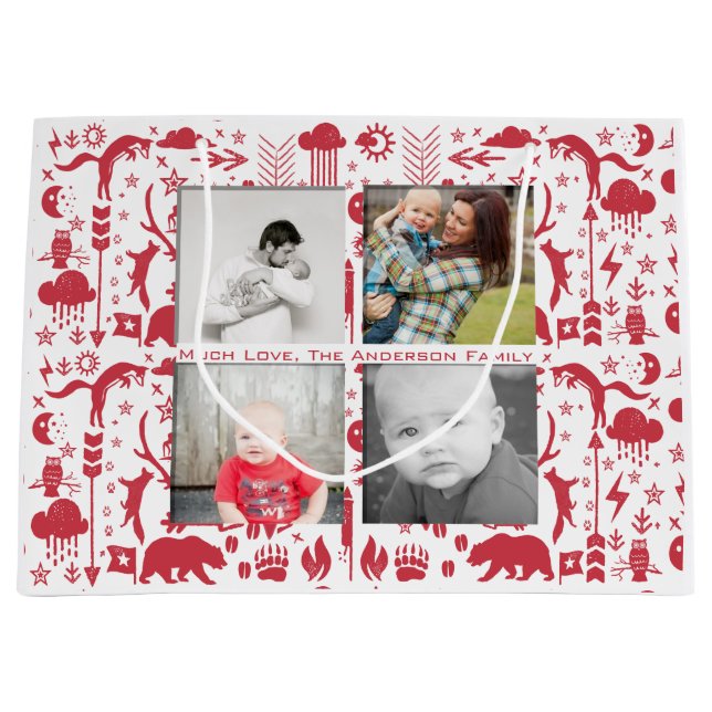 Rustic Red Fox Pattern Christmas Family Photos Large Gift Bag (Front)
