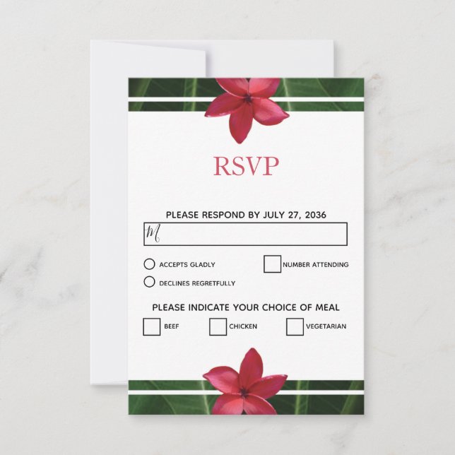 Rustic Red Frangipani Plumeria RSVP Cards (Front)