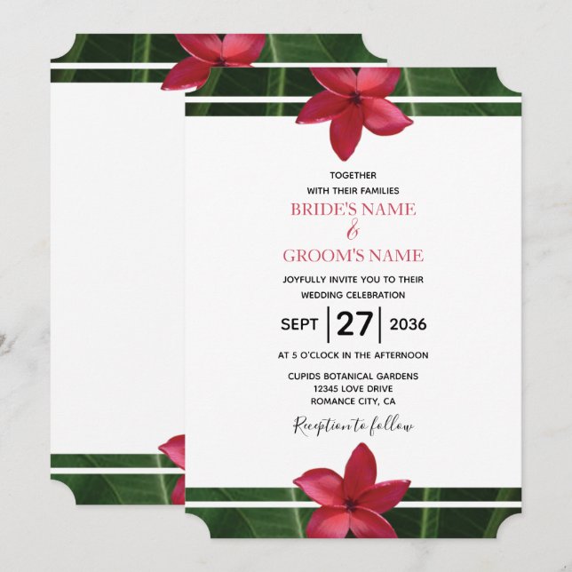 Rustic Red Frangipani Plumeria Wedding Invitations (Front/Back)