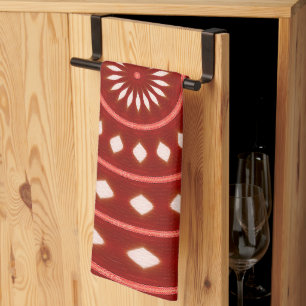 Rustic Red Geometric Sunburst Abstract Art Tea Towel