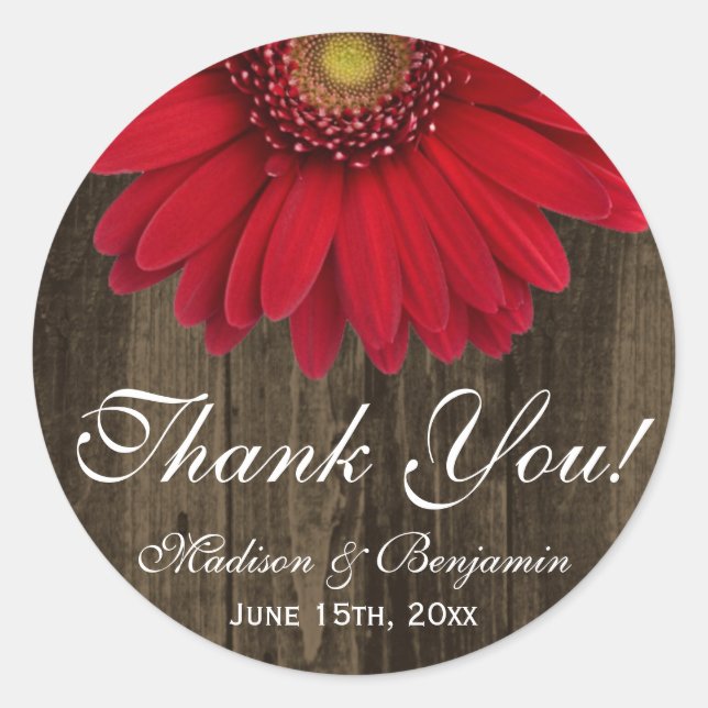 Rustic Red Gerber Daisy Wedding Thank You Sticker (Front)