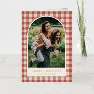 Rustic Red Gingham Arch Photo Modern Christmas Foil Holiday Card