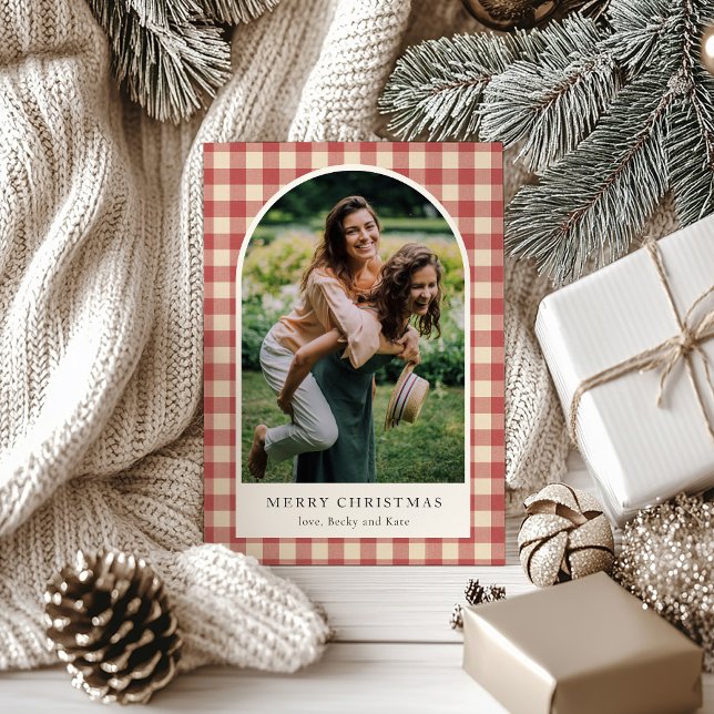 Rustic Red Gingham Arch Photo Modern Christmas Holiday Card (Creator Uploaded)