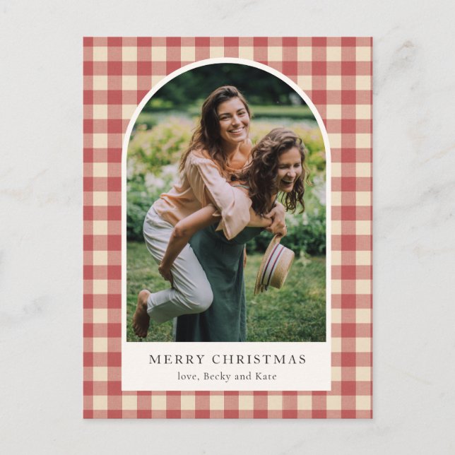 Rustic Red Gingham Arch Photo Modern Christmas Holiday Postcard (Front)
