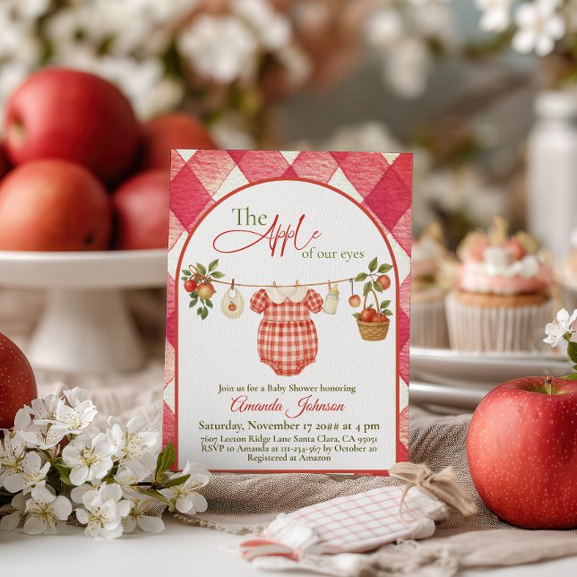 Rustic Red Gingham Clothesline Apple Baby Shower Invitation (Creator Uploaded)
