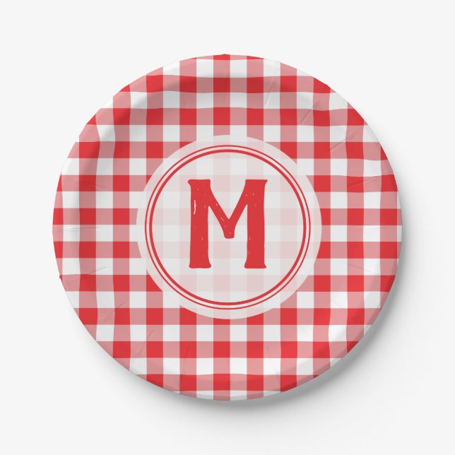 Rustic Red Gingham Family Picnic Monogrammed Paper Plate (Front)