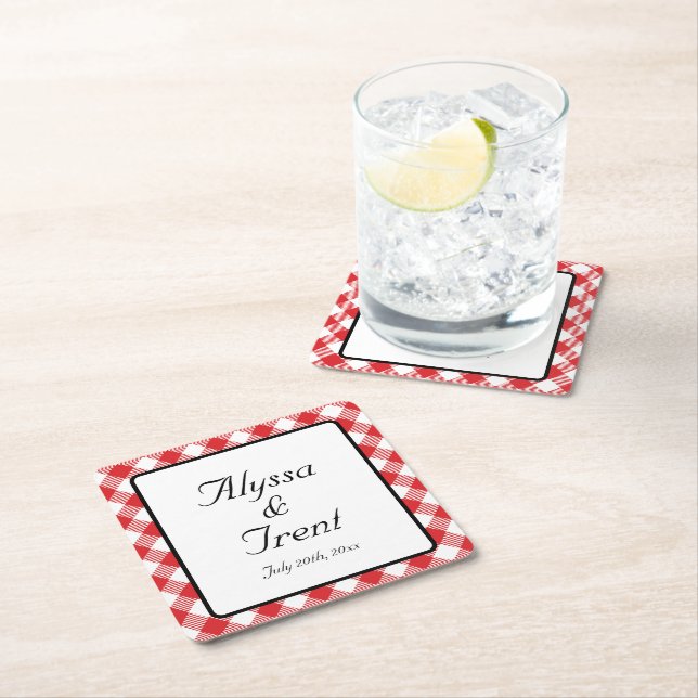Rustic Red Gingham I DO BBQ Wedding Square Paper Coaster (Insitu)