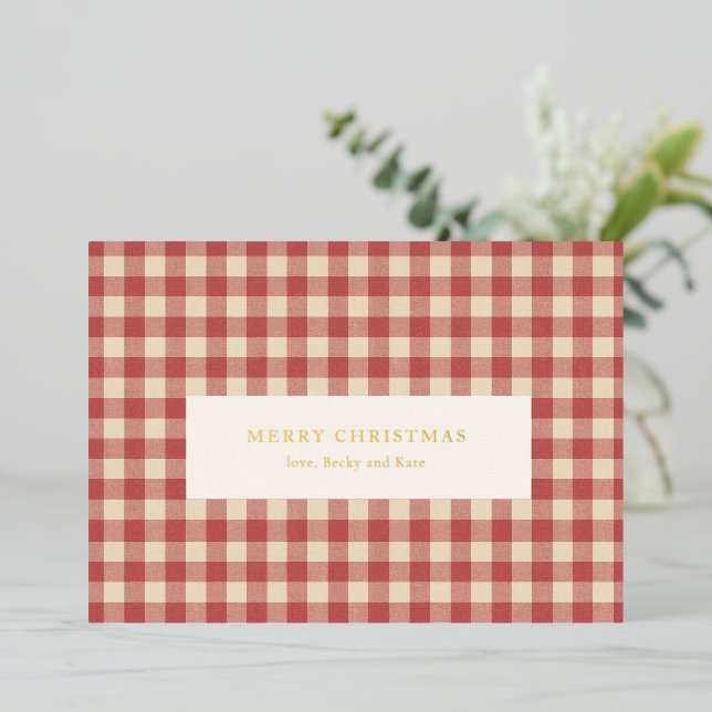 Rustic Red Gingham Modern Christmas Foil Holiday Card (Standing Front)
