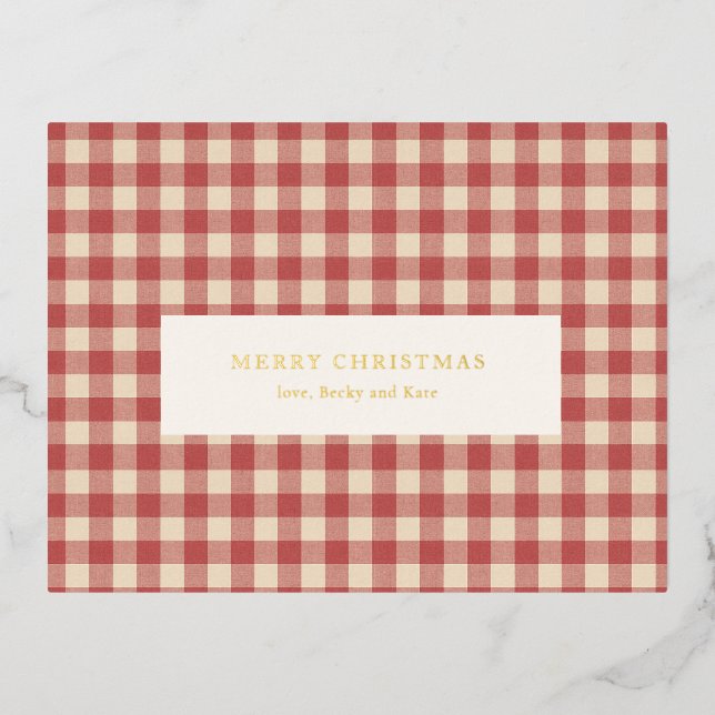 Rustic Red Gingham Modern Christmas Foil Holiday Postcard (Front)