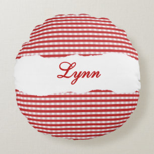 Rustic Red Gingham Personalized Name Round Cushion
