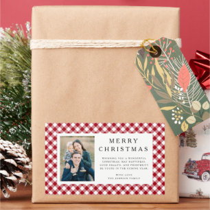 Rustic Red Gingham Photo Christmas Rectangular Sticker