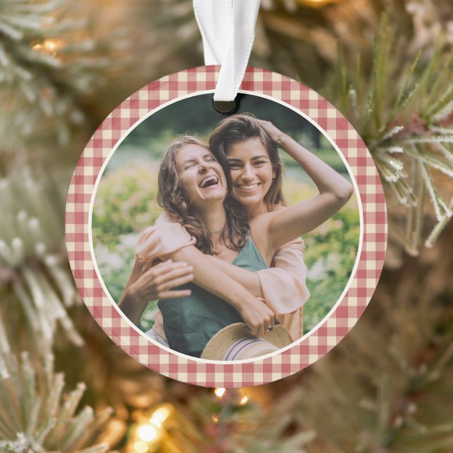 Rustic Red Gingham Photo Modern Christmas Ornament (Tree)