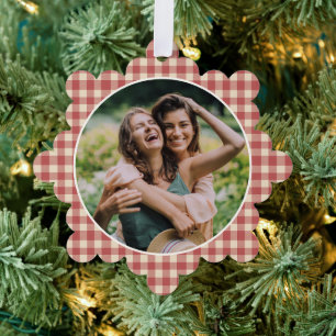 Rustic Red Gingham Photo Modern Christmas Tree Decoration Card