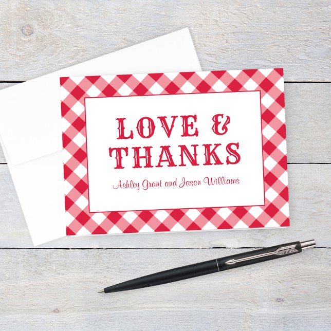 Rustic Red Gingham Plaid Wedding Monogram Thank You Card (Creator Uploaded)