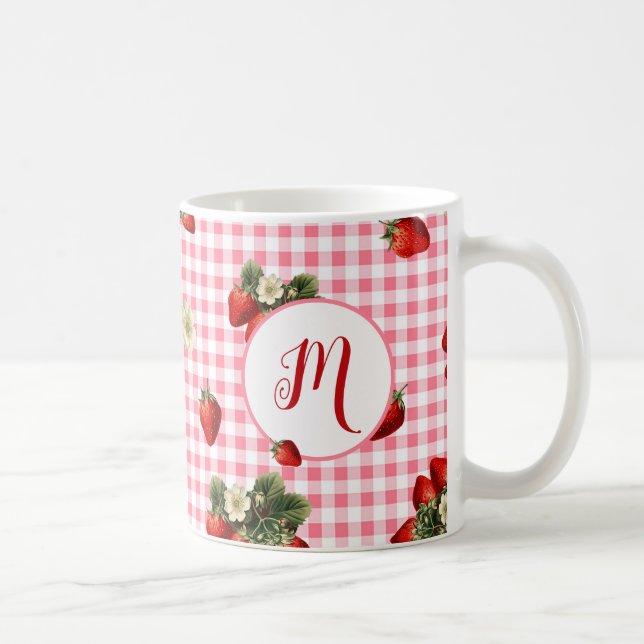 Rustic Red Gingham Strawberry Custom Monogram Coffee Mug (Right)