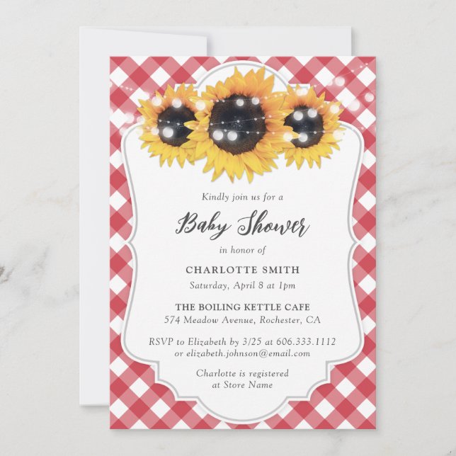 Rustic Red Gingham Sunflower Baby Shower Invitation (Front)
